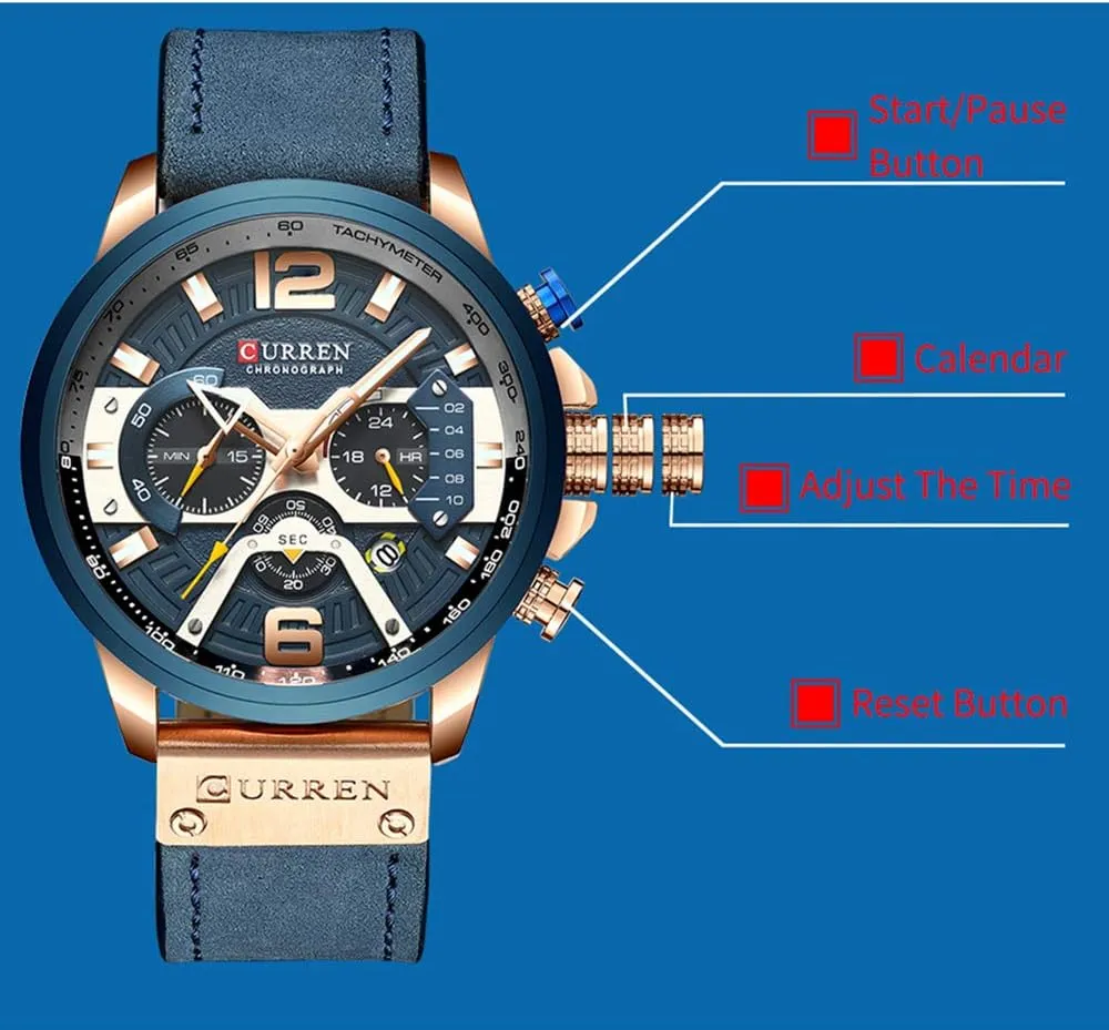 Men Chronograph Sport Watches Brown Leather Strap Quartz Watch Business Casual Wrist Watch for Men