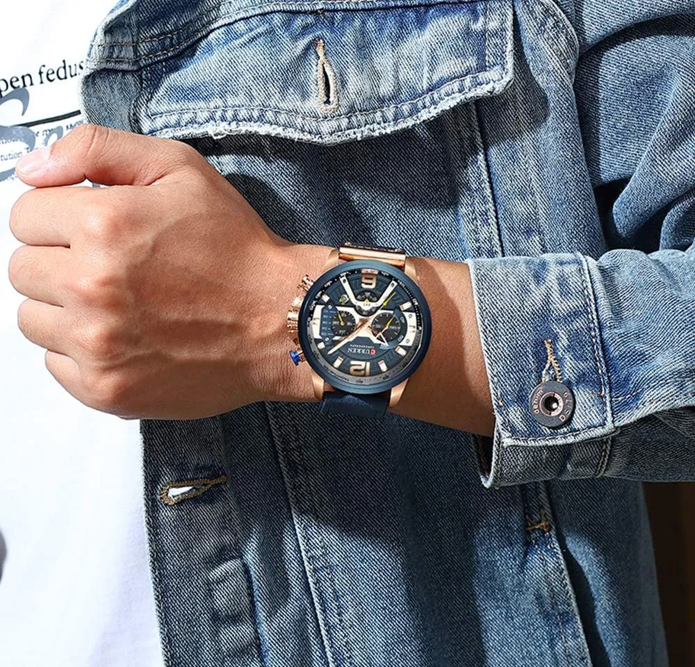 Men Chronograph Sport Watches Brown Leather Strap Quartz Watch Business Casual Wrist Watch for Men
