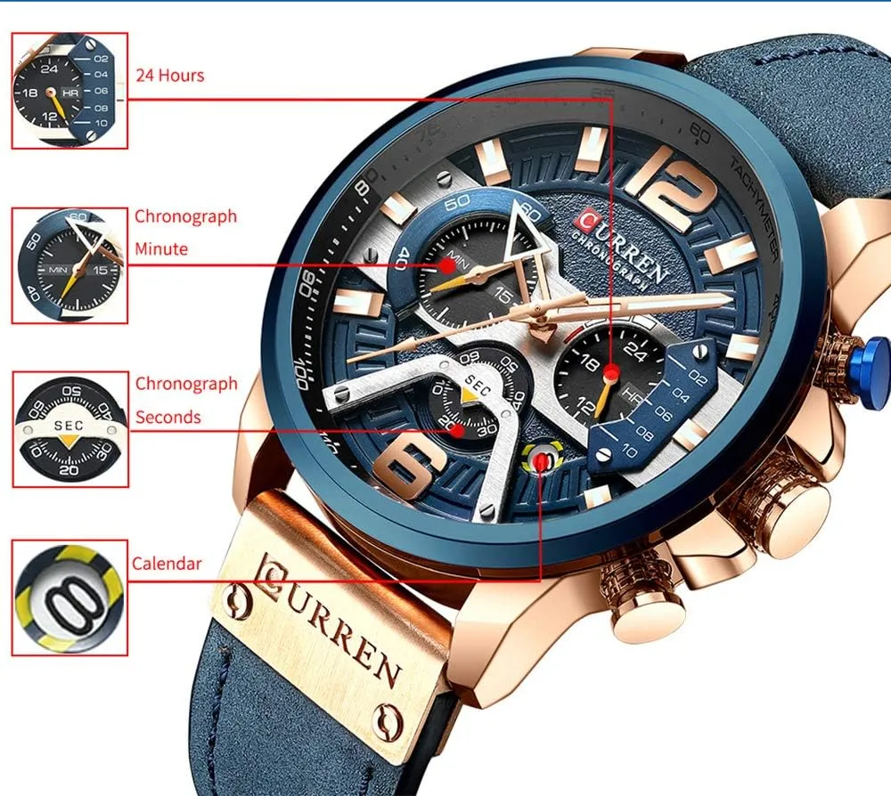 Men Chronograph Sport Watches Brown Leather Strap Quartz Watch Business Casual Wrist Watch for Men