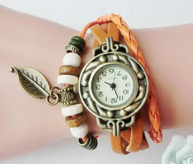Multicolour Genuine Leather Vintage Bracelet Quartz Wristwatches for Women