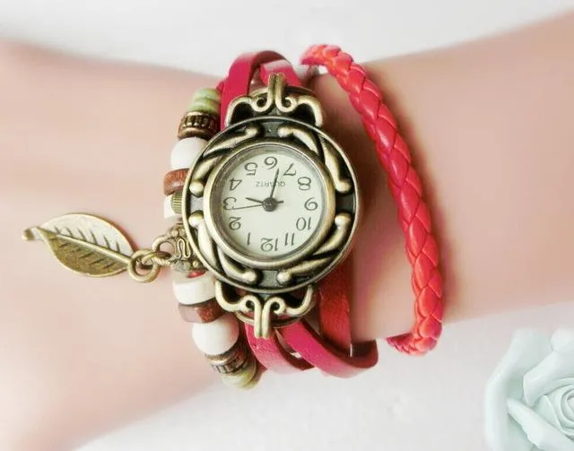 Multicolour Genuine Leather Vintage Bracelet Quartz Wristwatches for Women