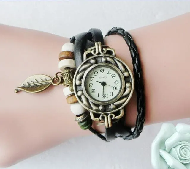 Multicolour Genuine Leather Vintage Bracelet Quartz Wristwatches for Women