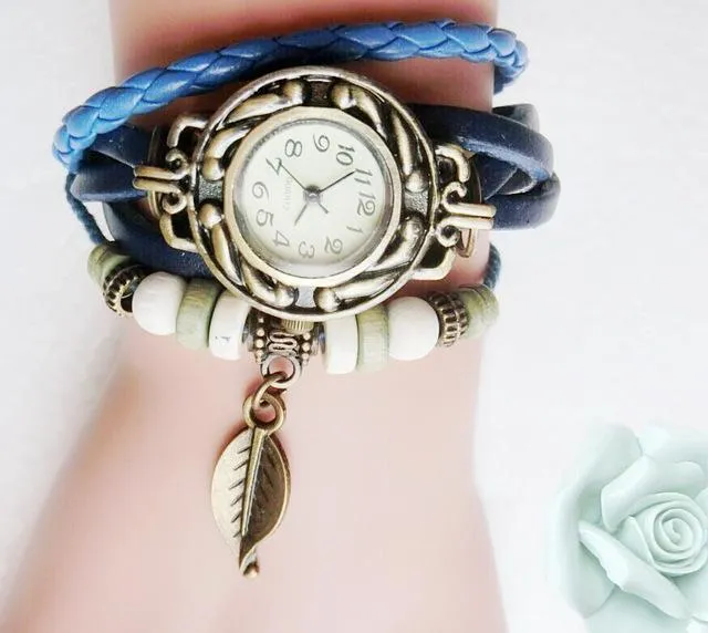 Multicolour Genuine Leather Vintage Bracelet Quartz Wristwatches for Women