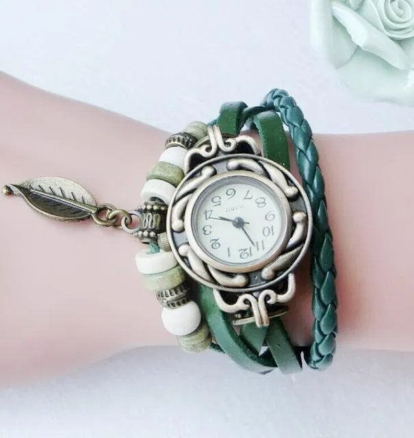 Multicolour Genuine Leather Vintage Bracelet Quartz Wristwatches for Women