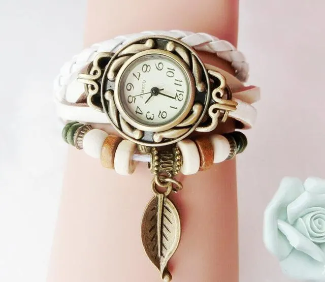 Multicolour Genuine Leather Vintage Bracelet Quartz Wristwatches for Women