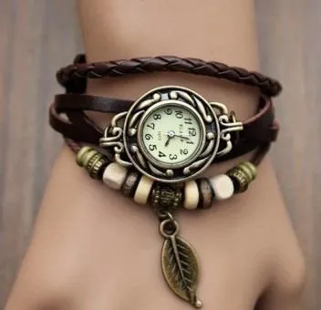 Multicolour Genuine Leather Vintage Bracelet Quartz Wristwatches for Women