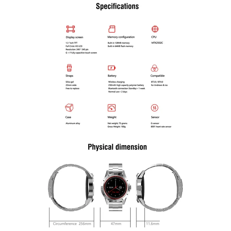 N6 Smart Watch 1.3 inch TFT Screen MTK2502C Bluetooth4.0, Stainless Steel Watch Band, Support Heart Rate Monitor & Pedometer & Sleep Monitor & Sedentary Reminder(Silver)