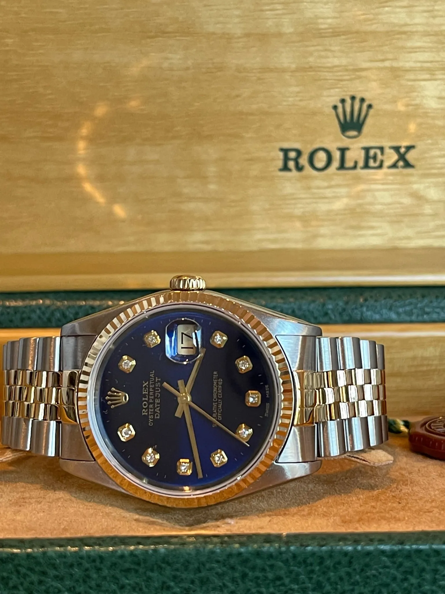 Rolex Datejust 36mm 16233 Men’s or Women’s Watch Two Stainless Steel and 18k Yellow Gold Refinished Blue Diamond Dial Mint