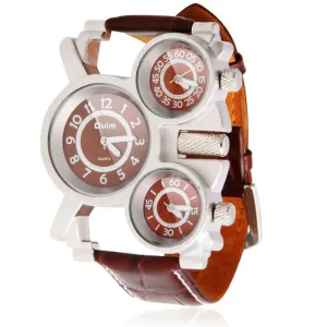 Unique Creative Big Size 5cm Diameter Brand Military Men's Watch with Brown 3 Japan Quartz Movt Dial with Genuine Leather