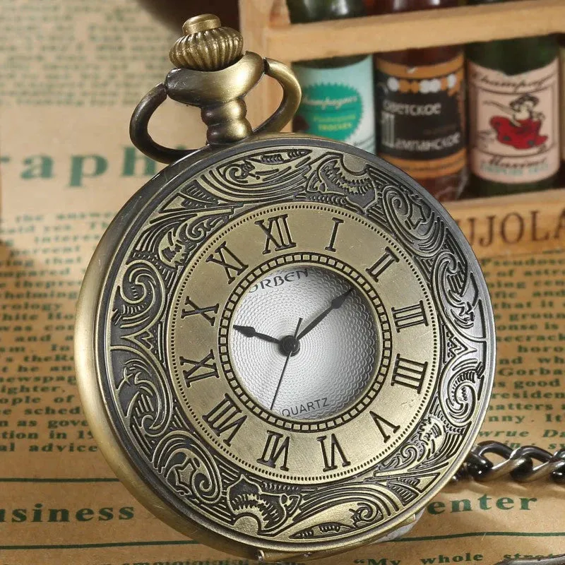 Unisex Retro Vintage Antique Roman Number Pocket Watch With Chain
