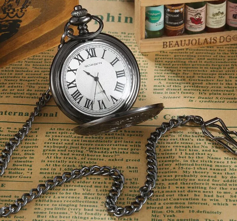 Unisex Retro Vintage Antique Roman Number Pocket Watch With Chain