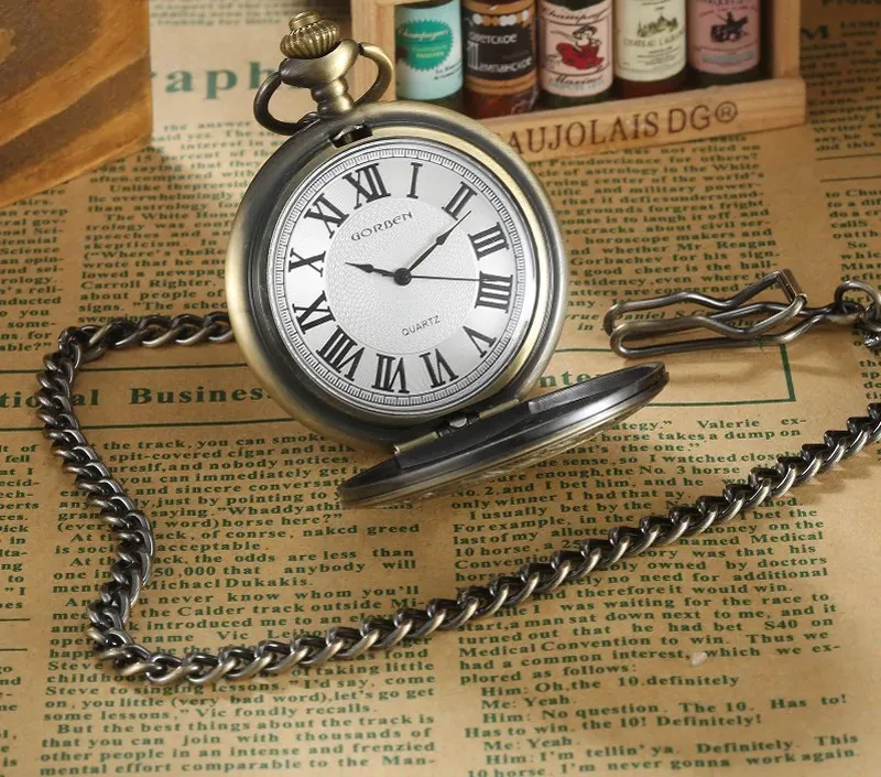 Unisex Retro Vintage Antique Roman Number Pocket Watch With Chain