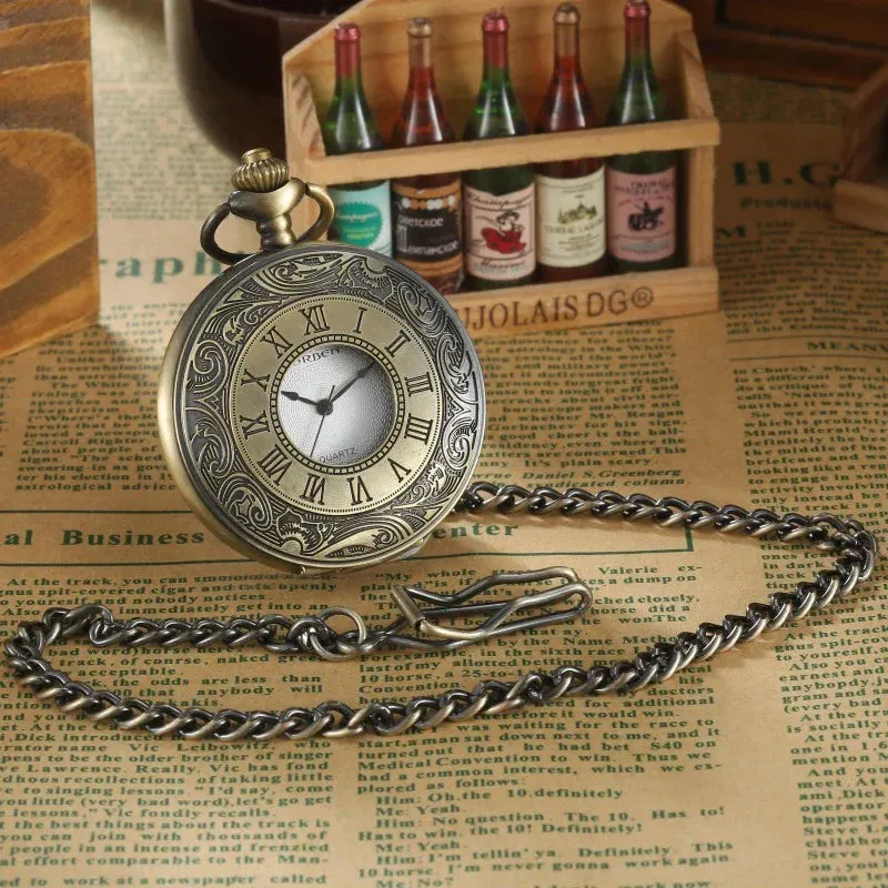 Unisex Retro Vintage Antique Roman Number Pocket Watch With Chain